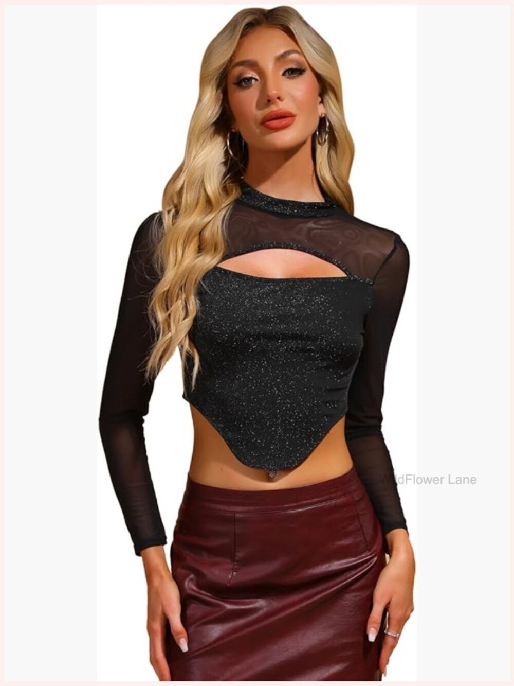 Sparkle Glitter Crop Top Mock Neck Keyhole Mesh Long Sleeve Tee